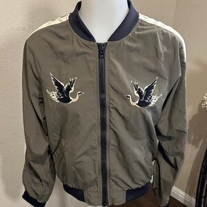 Women’s size 6 Olive Bomber Jacket with Embroidered Birds box 3